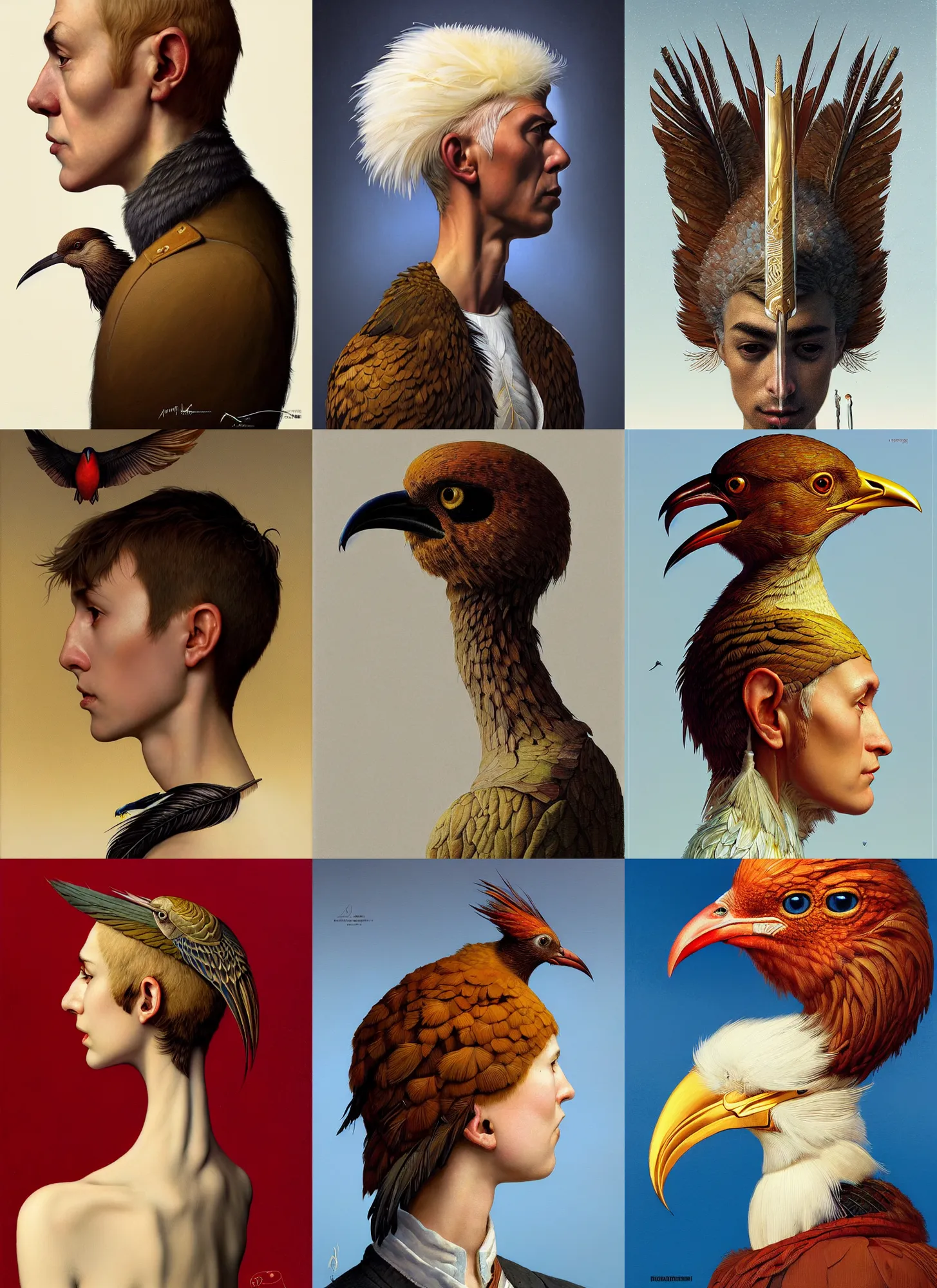 Prompt: rpg! profile! portrait of humanoid bird on white background, beak, feathers, intricate, highly detailed, digital painting, artstation, concept art, smooth, sharp focus, illustration, art by norman rockwell emiliano ponzi andrey remnev yoann lossel john currin aaron jasinski ivan albright hsiao - ron cheng, 8 k