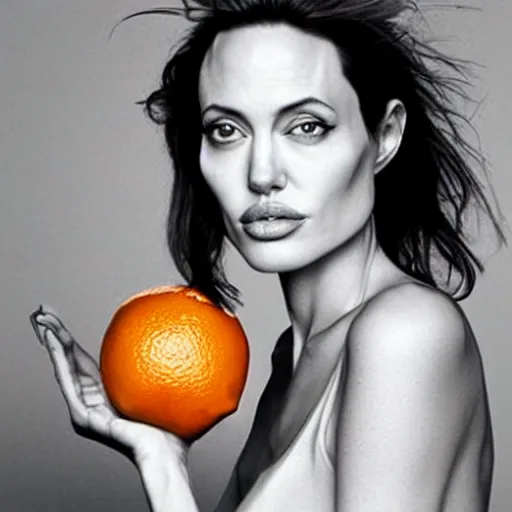 Image similar to an orange with the face of angelina jolie