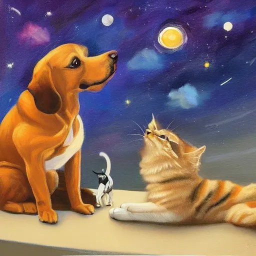 Prompt: A painting of a dog and a cat staring up at the night sky from https://www.artstation.com/smartist