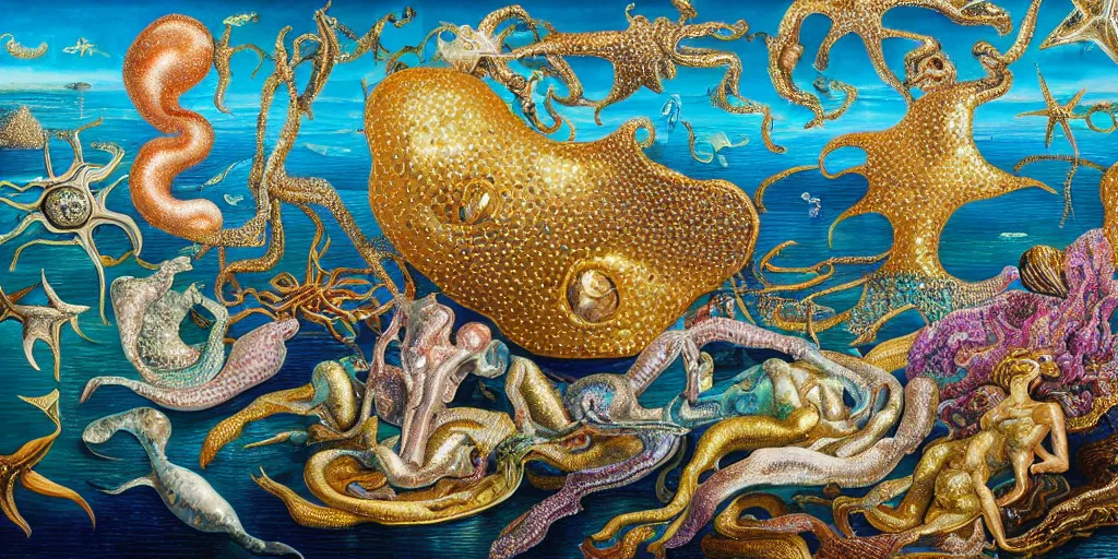 Prompt: sea creatures | shimmery, glittery, metallic, complex, intricate, textured | wide open vista view | gouche on paper by salvador dali by raqib shaw | 8 k