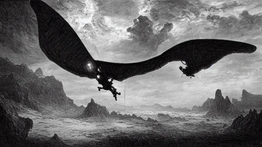 Image similar to drawing of an ornithopter flying toward a desert storm, by gustave dore, nineteenth century, black and white, vintage, science fiction, epic composition, dramatic lighting, highly detailed, cinematic