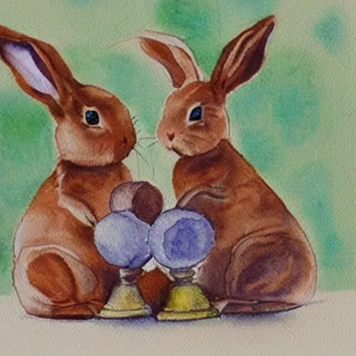 Image similar to two rabbits playing chess, watercolour realism