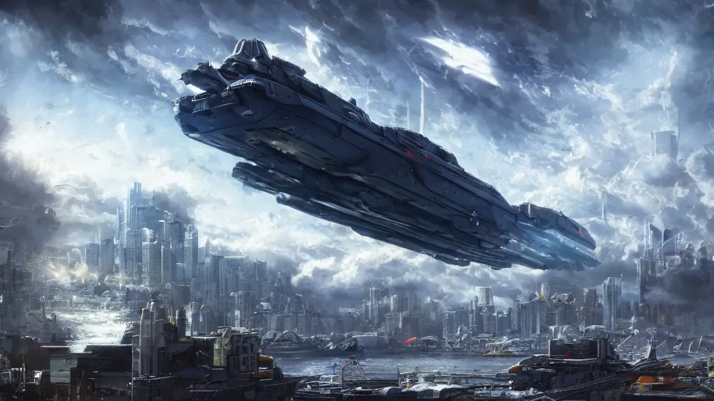 Prompt: massive space battleship hovering over downtown vancouver by eugene von guerard, ivan shishkin, dramatic lighting, concept art, trending on artstation, 8 k