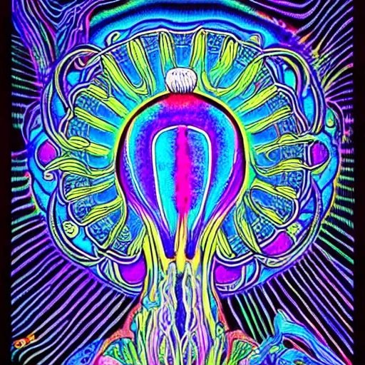 Image similar to Terence McKenna reincarnated as a magic mushroom. in style of Alex Grey, detailed, blacklight poster