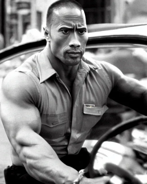 Image similar to film still close - up shot of dwayne johnson as a new york city cab driver from the movie taxi driver. photographic, photography