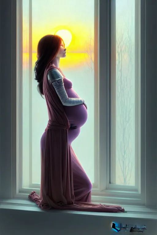 Prompt: ** one pregnant peacefull cryogenic young woman looking by window outside, sunset time, , dynamic pose , armor elements , long dark hair, beautiful bone structure, symmetrical facial features, intricate, elegant, digital painting, concept art, smooth, sharp focus, illustration, by Ruan Jia and Mandy Jurgens , and mucha, and Artgerm and William-Adolphe Bouguerea