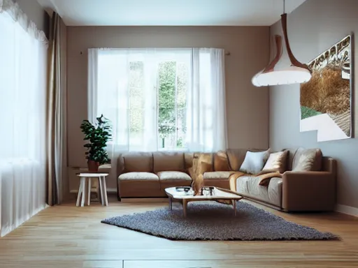 Image similar to interior design of a cozy and warm house, light brown color scheme, photorealist, panoramic view, 8 k