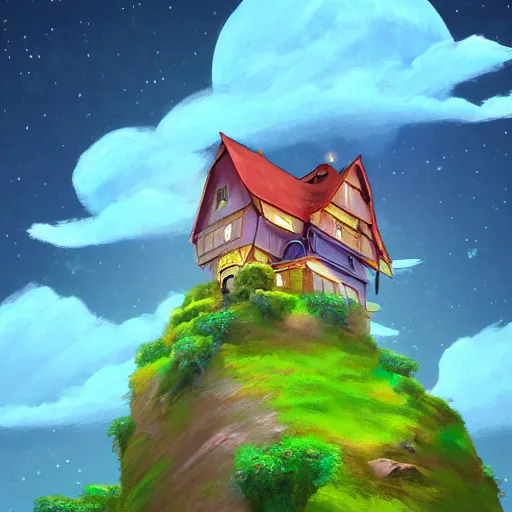 Image similar to beautiful 3 d painting of a colourful house on a hilltop at midnight with small fireflies flying around, in the style of studio ghibli, artstation, unreal engine