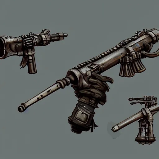 Image similar to greg manchess video game weapon icon concept art of an dieselpunk grenade launcher, matte background, highly detailed, digital painting, artstation, concept art, by makoto shinkai and akihiko yoshida and hidari and wlop and greg rutkowski