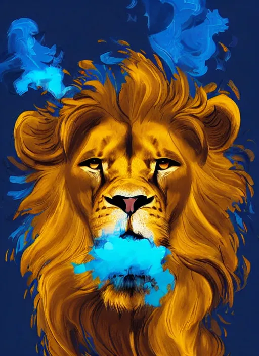 Image similar to a painting of a lion's face with blue and yellow smoke coming out of, a digital painting by petros afshar, behance contest winner, digital art, behance hd, digital illustration, digital painting