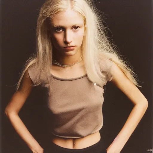 Image similar to photograph by annie leibovitz of olive skinned blonde female in her twenties wearing designer top