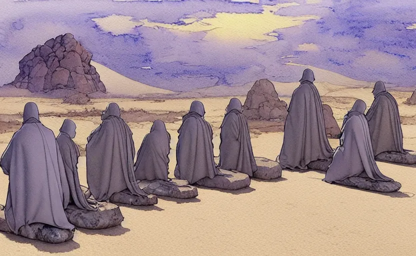 Prompt: a hyperrealist watercolour concept art of a group of medieval monks in grey robes kneeling in prayer. five large stones are floating in the sky. on a desert road. by rebecca guay, michael kaluta, charles vess and jean moebius giraud. high detail, hq, wide shot