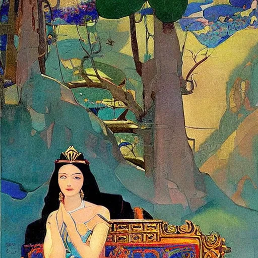 Image similar to a naturalist beautiful beautiful gorgeous vintage painting of a portrait of a queen with dark curly hair and fair pale skin on a throne by nicholas roerich by gustave moreau, by eyvind earle by bruce pennington