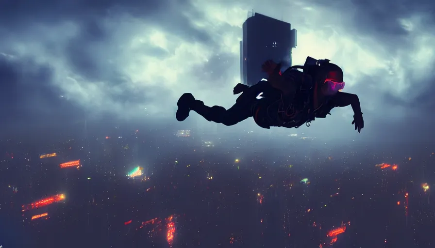 Image similar to man skydiving into a dark cyberpunk city through clouds, volumetric lighting, dystopia, artstation, concept art, painting