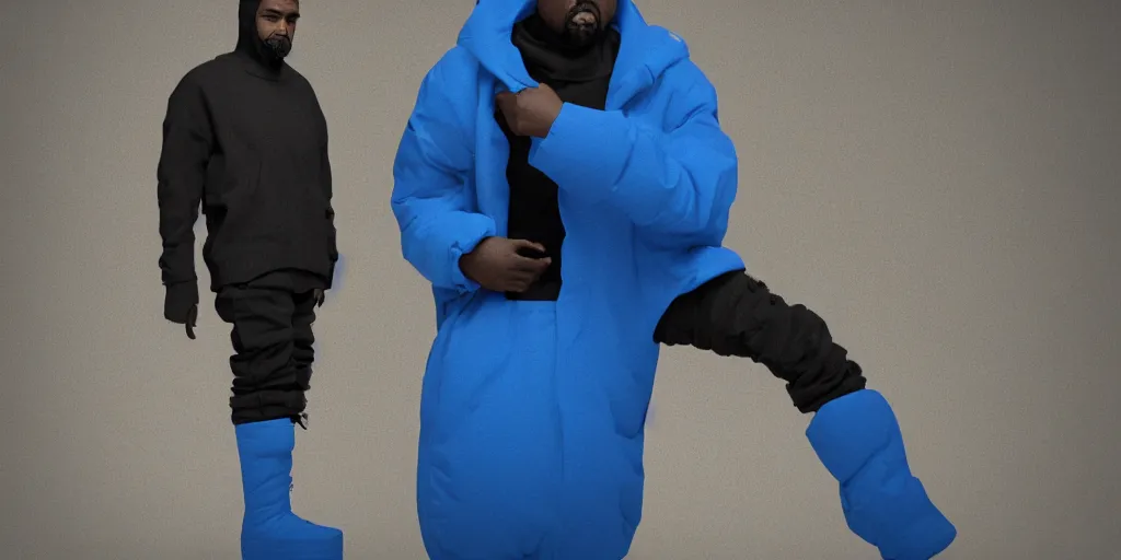 Image similar to kanye west wearing a cloth black face covering mask, a small, tight reflective bright blue puffer jacket made of nylon, jeans pants made and big black rubber boots in 3 d, blender, octane render, 3 d render, realistic, unreal engine, studio light, 4 k, 8 k