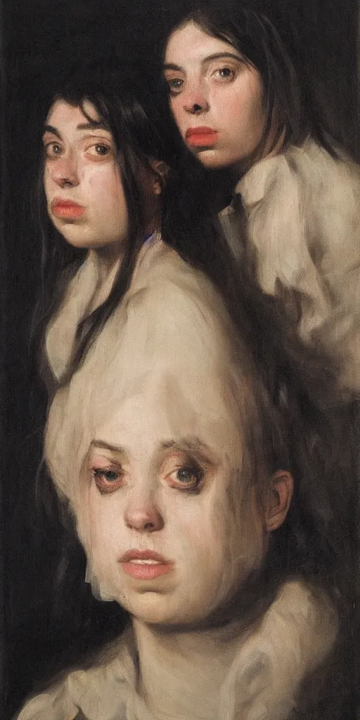 Prompt: unnerving realistic oil painting portrait of Billie Eilish and Alison Brie by Francisco de Goya, realistic, dramatic backlighting