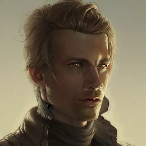 Prompt: portrait of a man by Greg Rutkowski, Cade Skywalker from Star Wars Expanded Universe, he is about 30 years old, manly, strong, messy blond hair, wearing a leather jacket, highly detailed portrait, digital painting, artstation, concept art, smooth, sharp foccus ilustration, Artstation HQ