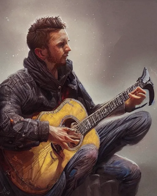 Prompt: chris tt playing guitar, hyper realistic face, fantasy art, in the style of greg rutkowski, intricate, hyper detailed