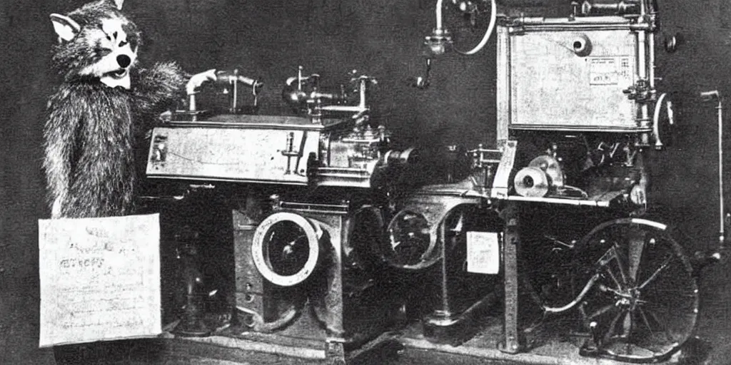 Prompt: anthropomorphic furry wolf controlling an obscure machine that has been lost to time, 1900s photograph