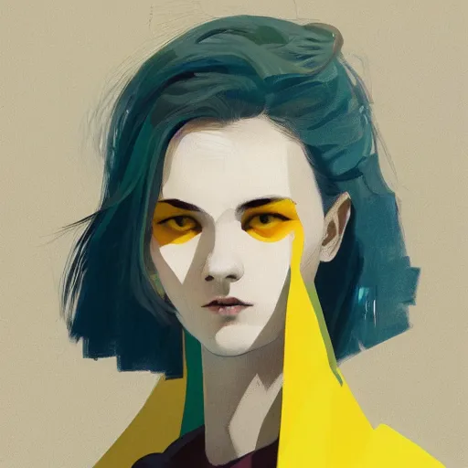 Prompt: highly detailed portrait of a punk young lady by Atay Ghailan, Cliff Chiang, loish, Brian Lee O'Malley and Goro Fujita, yellow, black, brown and cyan mystical tones, symmetrical composition, 8k resolution, exagerrated proportions, long neck, forward facing, trending on artstation, featured on behance, freckles