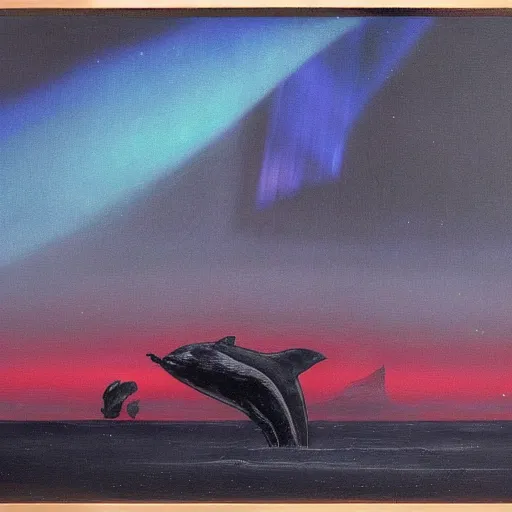 Image similar to the epic abstract painting'blue arctic void with black and red aurora borealis above a pod of humpback whales ', by caspar david friedrich!!!, by rothko!!!, stunning masterpiece, trending on artstation