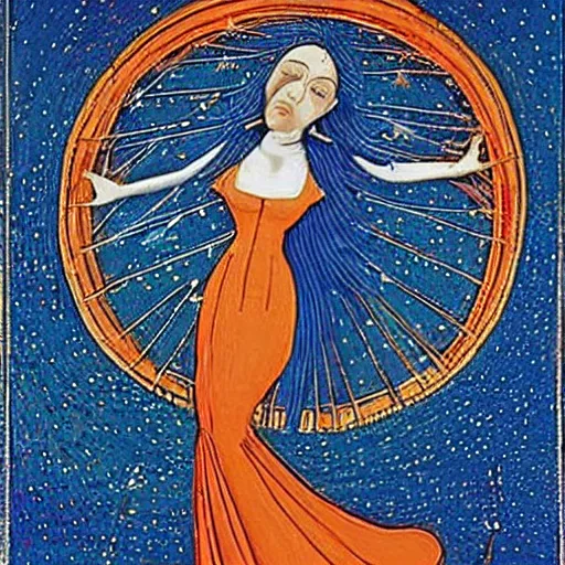 Image similar to melancholic medieval by paul laffoley, by jerry siegel. a computer art of a woman with wings made of stars, surrounded by a blue & white night sky. the woman is holding a staff in one hand, & a star in the other. she is wearing a billowing dress, & her hair is blowing in the wind.