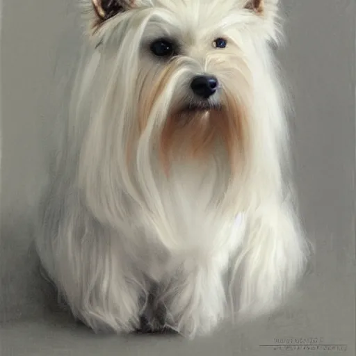 Image similar to white yorkshire terrier sitting on throne, portrait art by donato giancola and greg rutkowski, realistic face, digital art, trending on artstation, symmetry