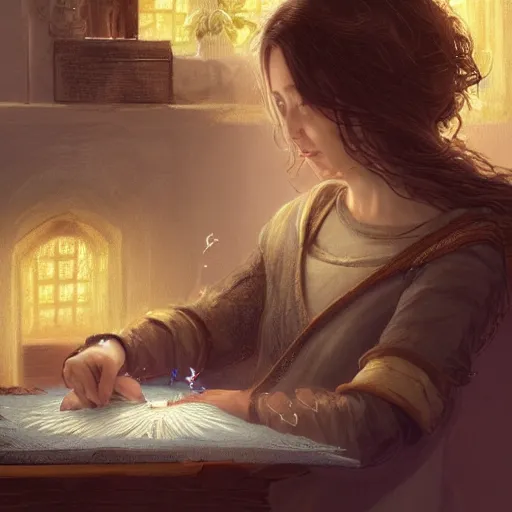 Image similar to a woman with dark wavy hair sitting doing embroidery, a cat sits at her feet, D&D, fantasy, cinematic lighting, highly detailed, digital painting, artstation, concept art, smooth, sharp focus, illustration, warm light, cozy warm tint, magic the gathering artwork, volumetric lighting, 8k, art by Akihiko Yoshida, Greg Rutkowski