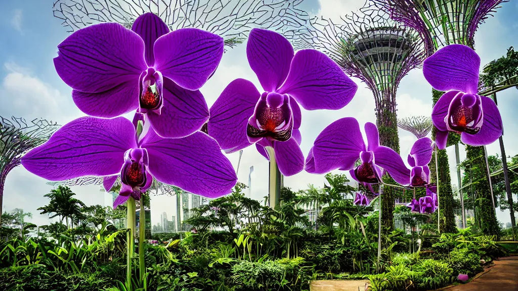 Image similar to giant purple orchid growing of out gardens by the bay in singapore. andreas achenbach, artgerm, mikko lagerstedt, zack snyder, tokujin yoshioka