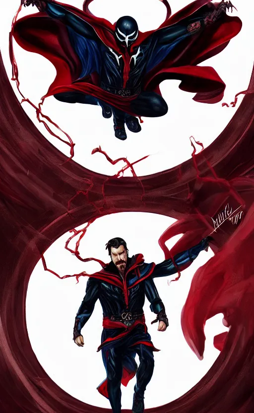 Image similar to venom as doctor strange, black and red suit, dynamic lighting, photorealistic fantasy concept art, trending on art station, stunning visuals, terrifying, creative, cinematic