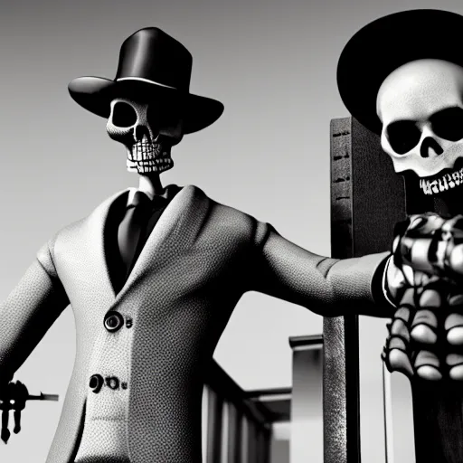 Prompt: mafia skeleton with a puro and a gun in hand, black and white, vintage, 80s movies, 8k cinematic shot, hyper realistic, very detailed