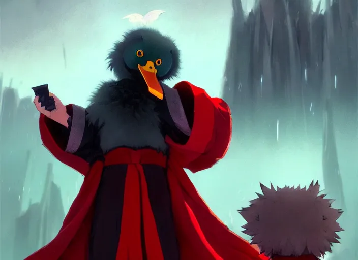 Image similar to cute fluffy mallard duck with vampire fangs wearing red cultist robe, details, cyberpunk, epic, sacrificial altar, landscape illustration concept art anime key visual trending pixiv fanbox by wlop and greg rutkowski and makoto shinkai and studio ghibli and kyoto animation symmetrical facial features