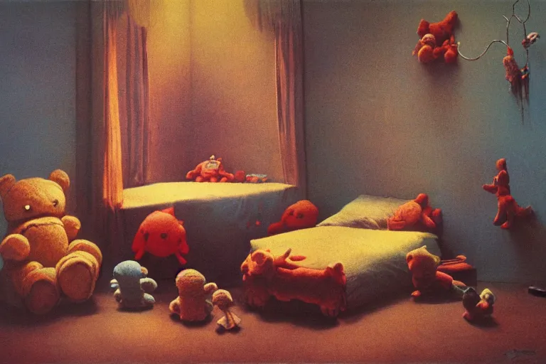 Image similar to An IKEA catalogue photo of a childrens bedroom, with huge cuddly toys, by Beksinski