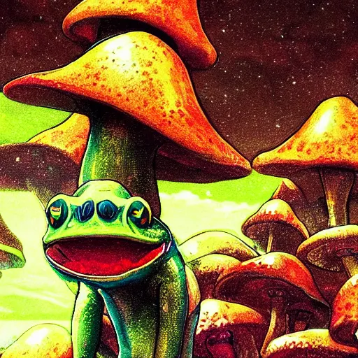 Image similar to A close up portrait of a dignified psychedelic godlike anthropomorphic frog smoking an anime blunt , magic mushroom village in background . award winning. superb resolution. in the art style of junji Ito and greg rutkowski . Detailed Mushroom city in background. Hyper realistic anime. Perfect art. Dalle2