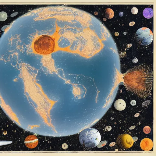 Image similar to highly detailed graphic poster with the world on fire, surrounded by space junk and old satellites, as seen from space, in the style of old botanical illustrations, matisse, caravaggio and japanese art, 4 k