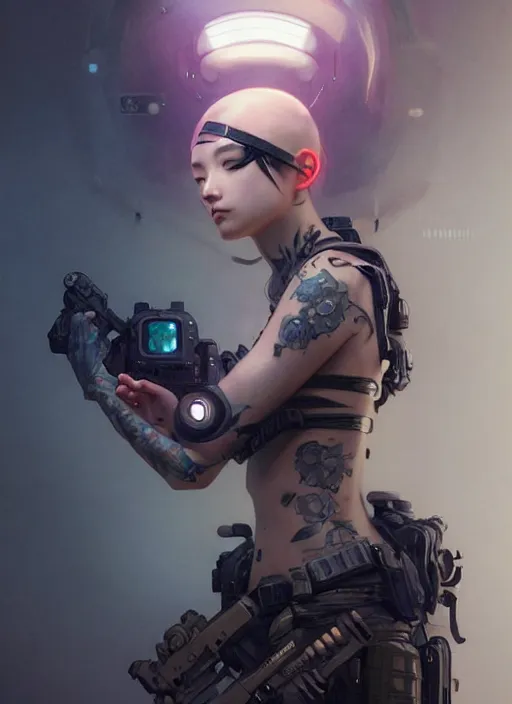 Image similar to girl covered with tattoos wearing tactical gear, intricate lights, bio luminescent, plasma, by ruan jia and artgerm and range murata and wlop and ross tran and william - adolphe bouguereau and beeple. key art. fantasy illustration. award winning, artstation, intricate details, realistic, hyperdetailed, 8 k resolution.