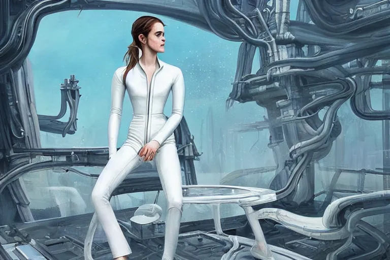 Prompt: beautiful painting of Emma Watson wearing a white leather jumpsuit in a futuristic house in the style of Simon Stålenhag and H. R. Giger, detailed, trending on Artstation