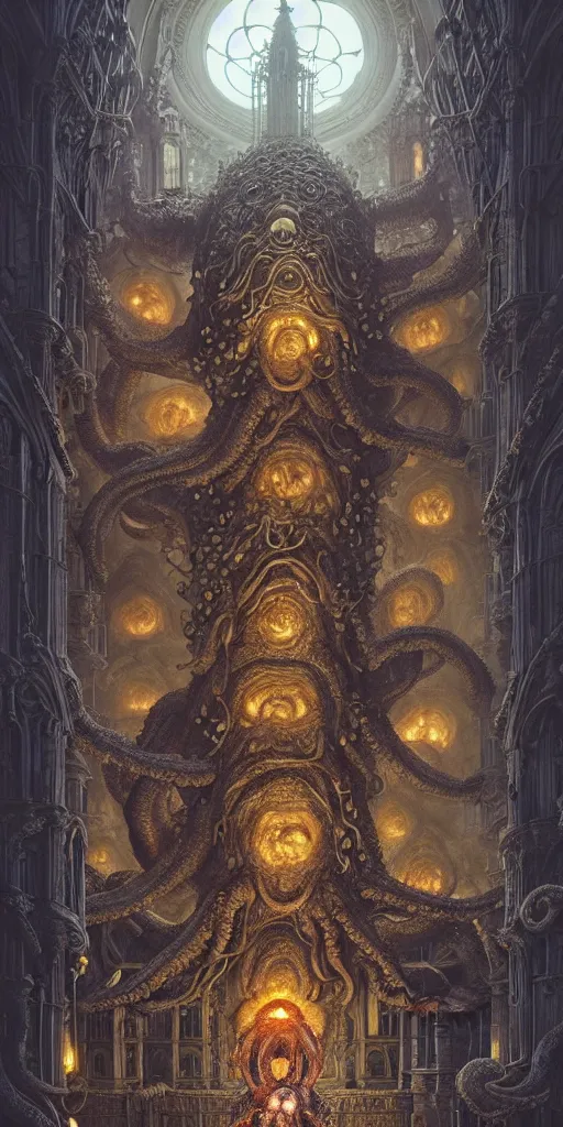 Image similar to group of mankind species mages with big octopus heads and a lot of small translucent jellyfishes floating around inside an ancient mage castle hall colossal scale, gothic and baroque, brutalist architecture, ultradetailed, Intricate by Ellen Jewett and Josan Gonzalez and Giuseppe Arcimboldo