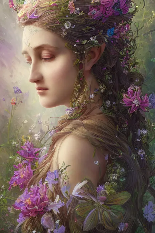 Image similar to a portrait of a beautiful elvish goddess with flowers in her hairs , fairy-like , 8k, highly detailed, sharp focus, ethereal clothes, astral environment, in style of Anna Dittmann and Mark Arial and Artgerm and Gerald Brom