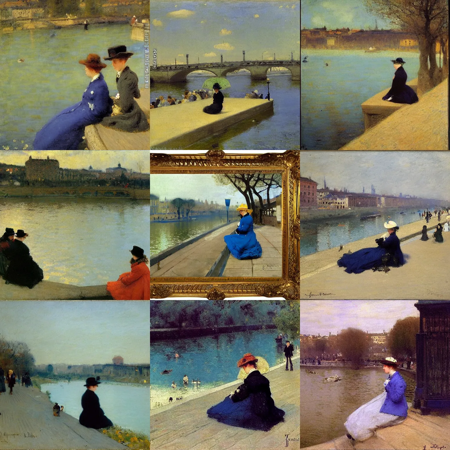 Prompt: the woman in the large blue coat is sitting on the edge of the river, an impressionist painting by Giuseppe De Nittis, flickr, australian tonalism, impressionism, pre-raphaelite, oil on canvas