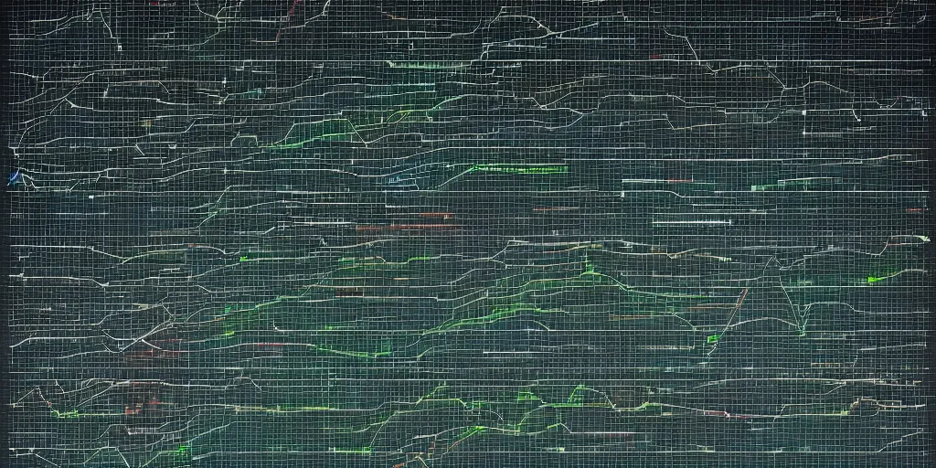 Image similar to sci Fi data readouts, dark screen, charts, bar graphs, abstract shapes, typographical scan of a cave, numbers and lines