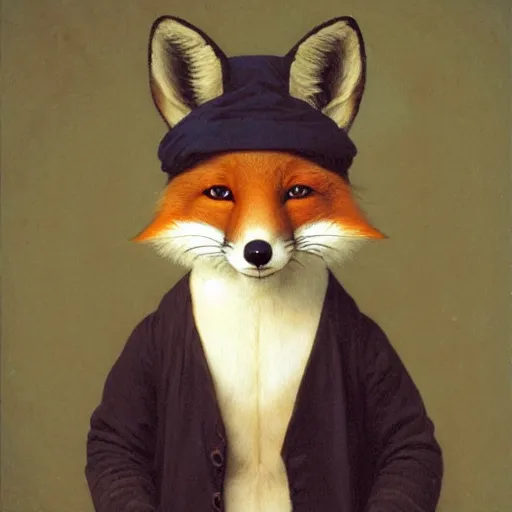 Image similar to A cute fox smiling and wearing a hat, by Robert Cleminson and William-Adolphe Bouguereau