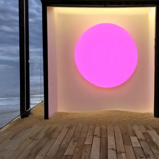 Prompt: An ultra high definition, professional photograph of an outdoor partial IKEA showroom inspired sculpture with a white outdoor dot matrix light sign displaying an emoji, located on a pastel pink beach ((with pastel pink, dimpled sand where every item is pastel pink. )) The sun can be seen rising through a window in the showroom. The showroom unit is outdoors and the floor is made of dimpled sand. The showroom unit takes up 20% of the frame and is surrounded by barren beach environment. A square dot matrix sign displays an emoji somewhere in the scene. Morning time indirect lighting with on location production lighting on the showroom. In the style of wallpaper magazine, Wes Anderson.