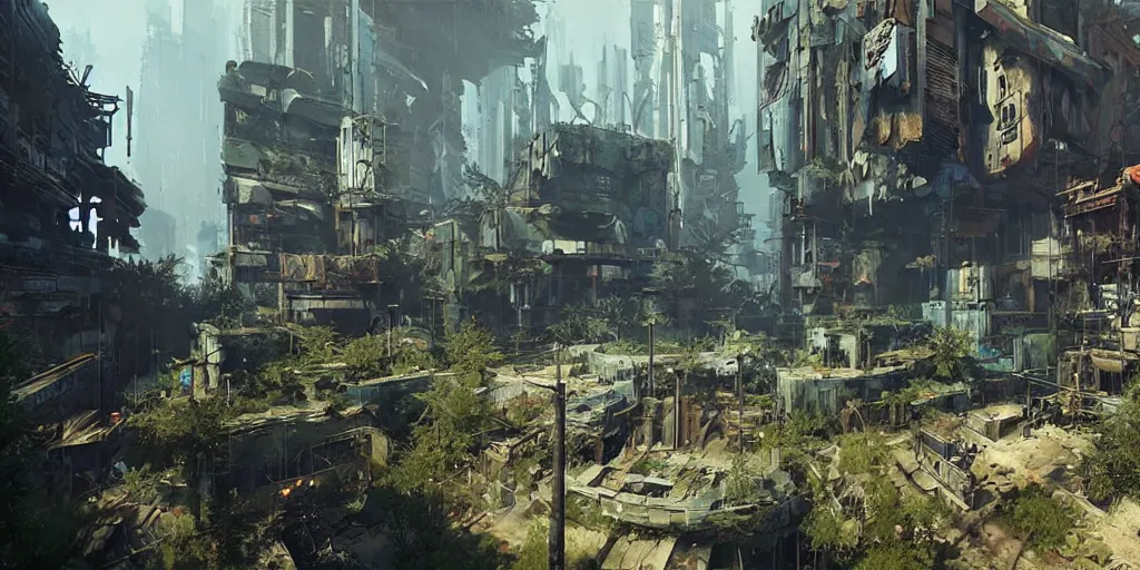 Prompt: screenshot from a beautiful post apocalyptic overgrown cyberpunk video game, fps, unreal engine, first person weapon, raytracing, by craig mullins, james gurney, sparth, greg rutkowski