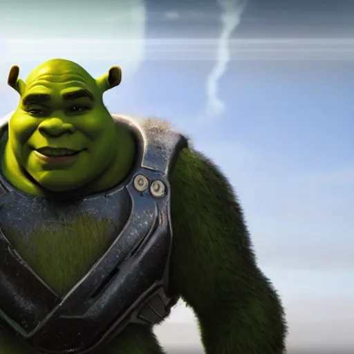 Prompt: shrek as superman! in halo 5, splash art, movie still, cinematic lighting, dramatic, octane render, long lens, shallow depth of field, bokeh, anamorphic lens flare, 8 k, hyper detailed, 3 5 mm film grain