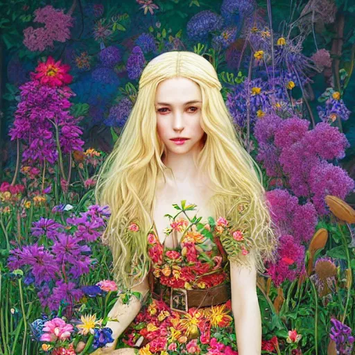 Prompt: A beautiful elf goddess with long blonde hair in a detailed floral dress, in front of a vivid field of flowers, by Larry Elmore, Tom Bagshaw, Viktoria Gavrilenko, Ilya Kuvshinov, Shin JeongHo, kiernan shipka