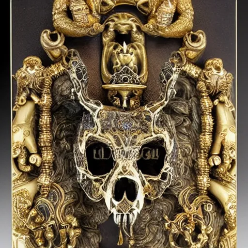 Prompt: wolf skull covered in gold intricate ornaments and jewelry, smoke in the back, chinese ivory sculpture, necroxii style, tarot, extremely high detail, black background