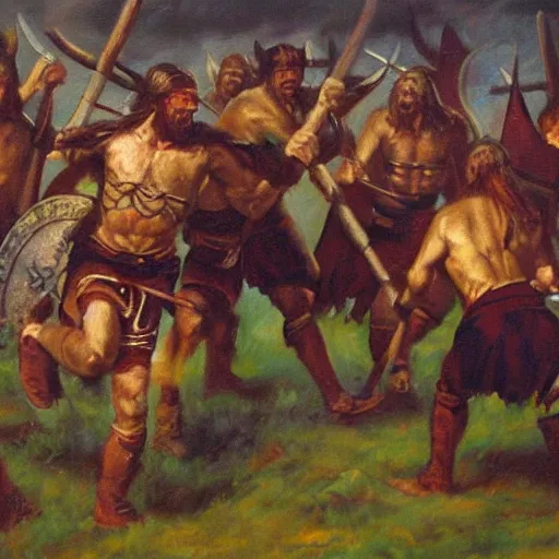 Image similar to Attacking vikings running against the camera, oil painting