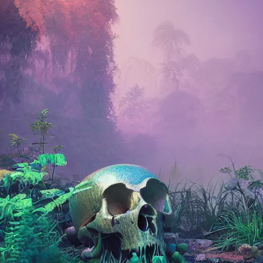 Prompt: soft painting render curiosities skulls tentacles eyeballs reflection refraction world synthwave ruins ponds alien vegetation, accurate features, focus, very intricate ultrafine details, rainbow lighting, dense fog, award winning masterpiece, octane render 8 k hd, dark fantasy