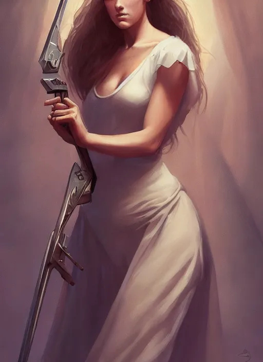 Image similar to upper body portrait of a beautiful maiden in a nightgown holding a futuristic crossbow, award winning, masterpiece digital painting by greg rutkowski, alex grey, artstation, 4 k wallpaper,